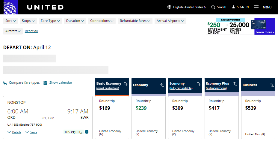 United Airlines low fare calendar